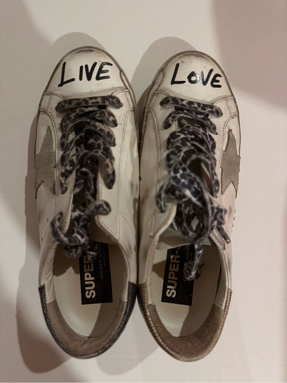 Golden Goose White Sneakers with Gray Star and Black/Gray Leopard Laces